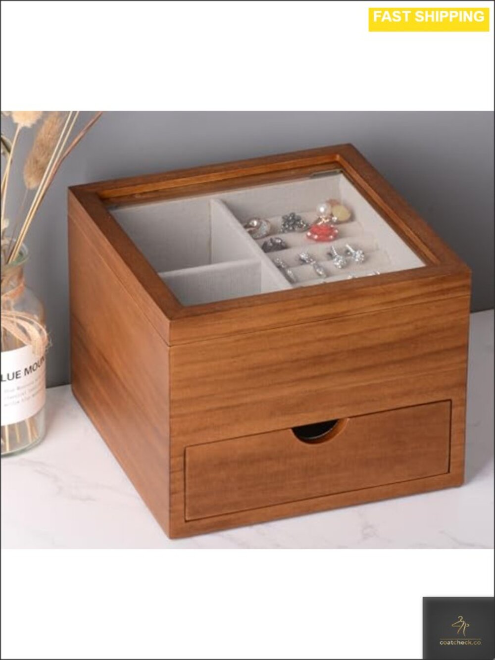 Solid Pine Wood Jewelry Box Glass Lid 2 Layer Organizer Display